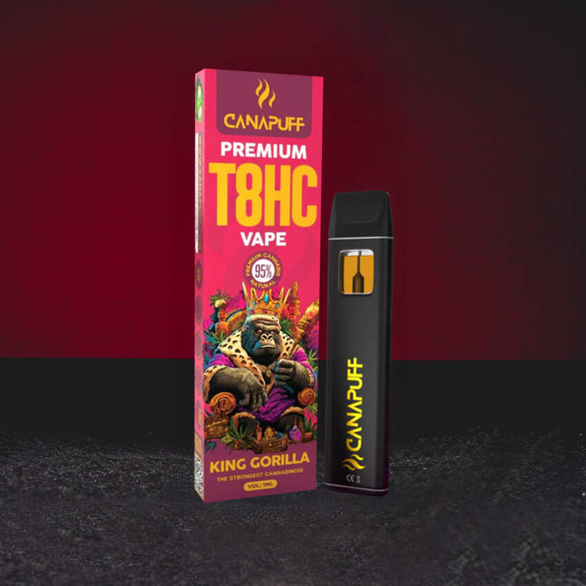 T8HC Vape 1 ml, jednorázový vape s kanabinoidem T8HC, king gorilla profil, lehce euforický a uvolňující charakter, vyvážený efekt bez mentálního přetížení, Kratom World prodej