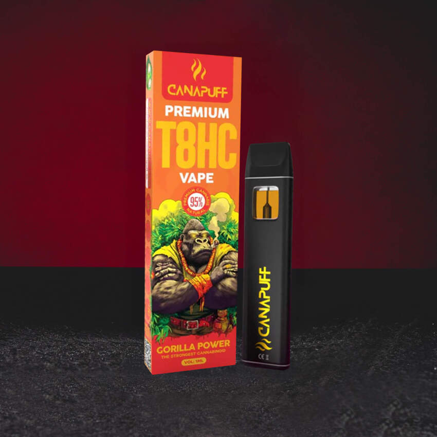 T8HC Vape 1 ml, jednorázový vape s kanabinoidem T8HC, gorilla power profil, lehce euforický a uvolňující charakter, vyvážený efekt bez mentálního přetížení, Kratom World prodej